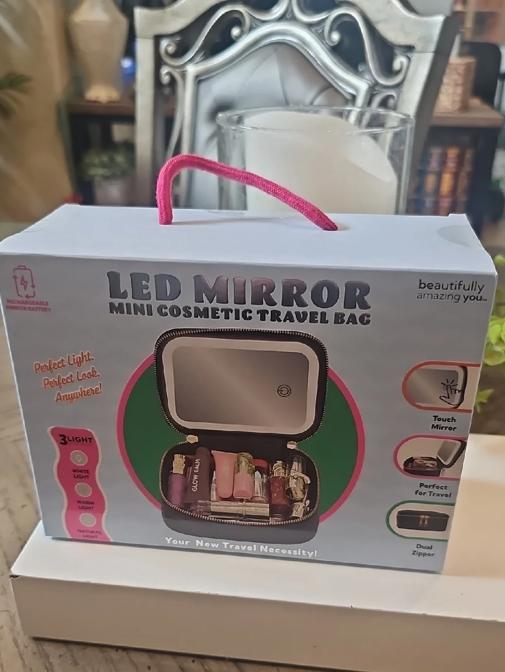 LED Mirror Mini Cosmetic Travel Bag - Light Blue with Pink Handle